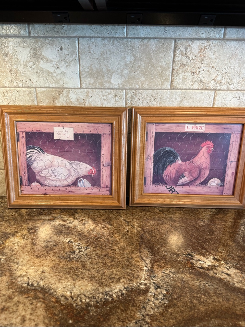 Vintage 1996 Rooster Hen Framed Prints Pair Country Farmhouse Chicken Wall Art